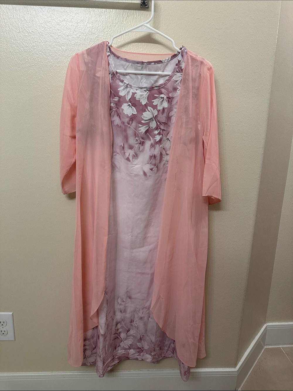 Floral Print Layered Pink Dress with Sheer Duster